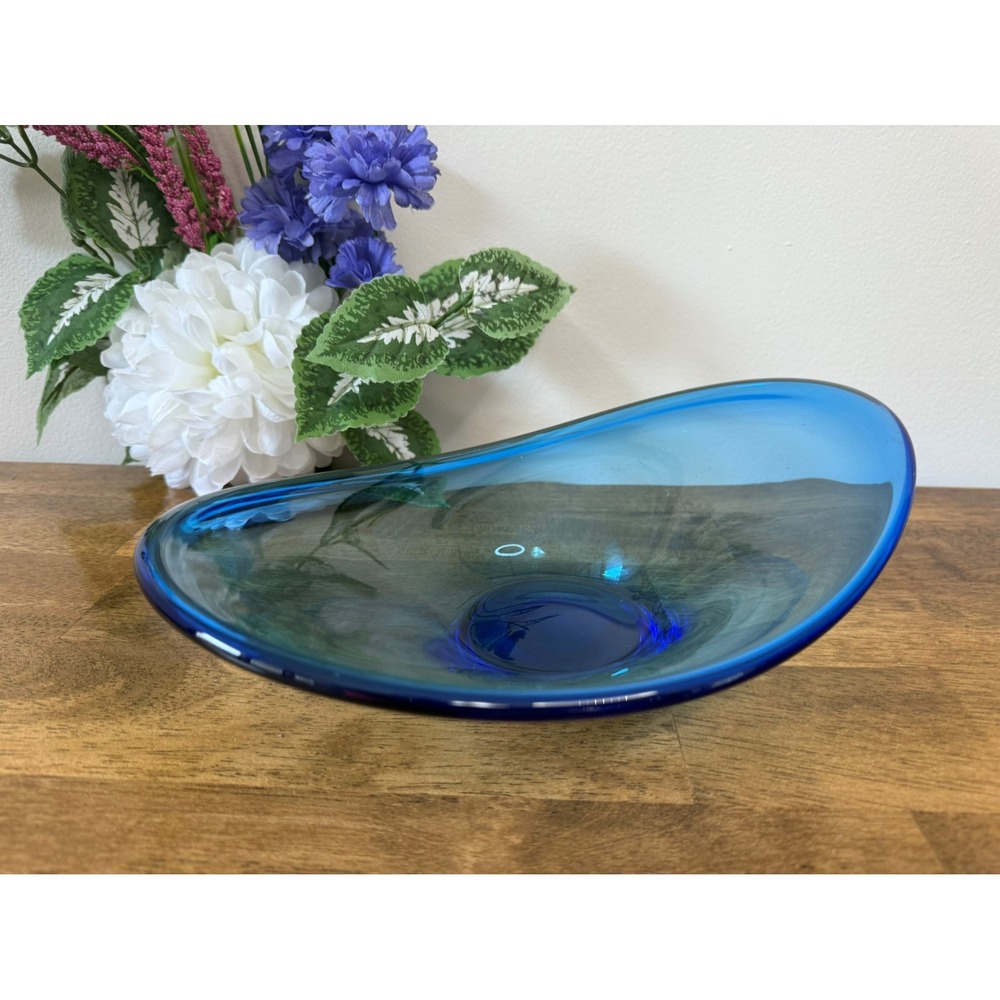 Hand Blown Art Glass Cobalt‎ Blue Freeform Bowl Centrepiece